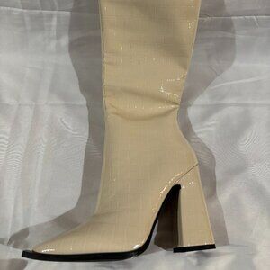 PRETTYLITTLETHING Off White Crocodile High Block Heel Toe Edge Knee Boot